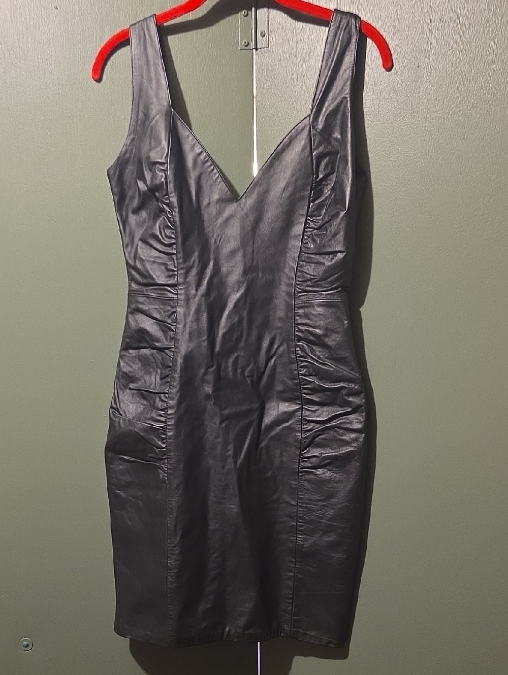 Classic Black Faux Leather V-Neck Sheath Dress